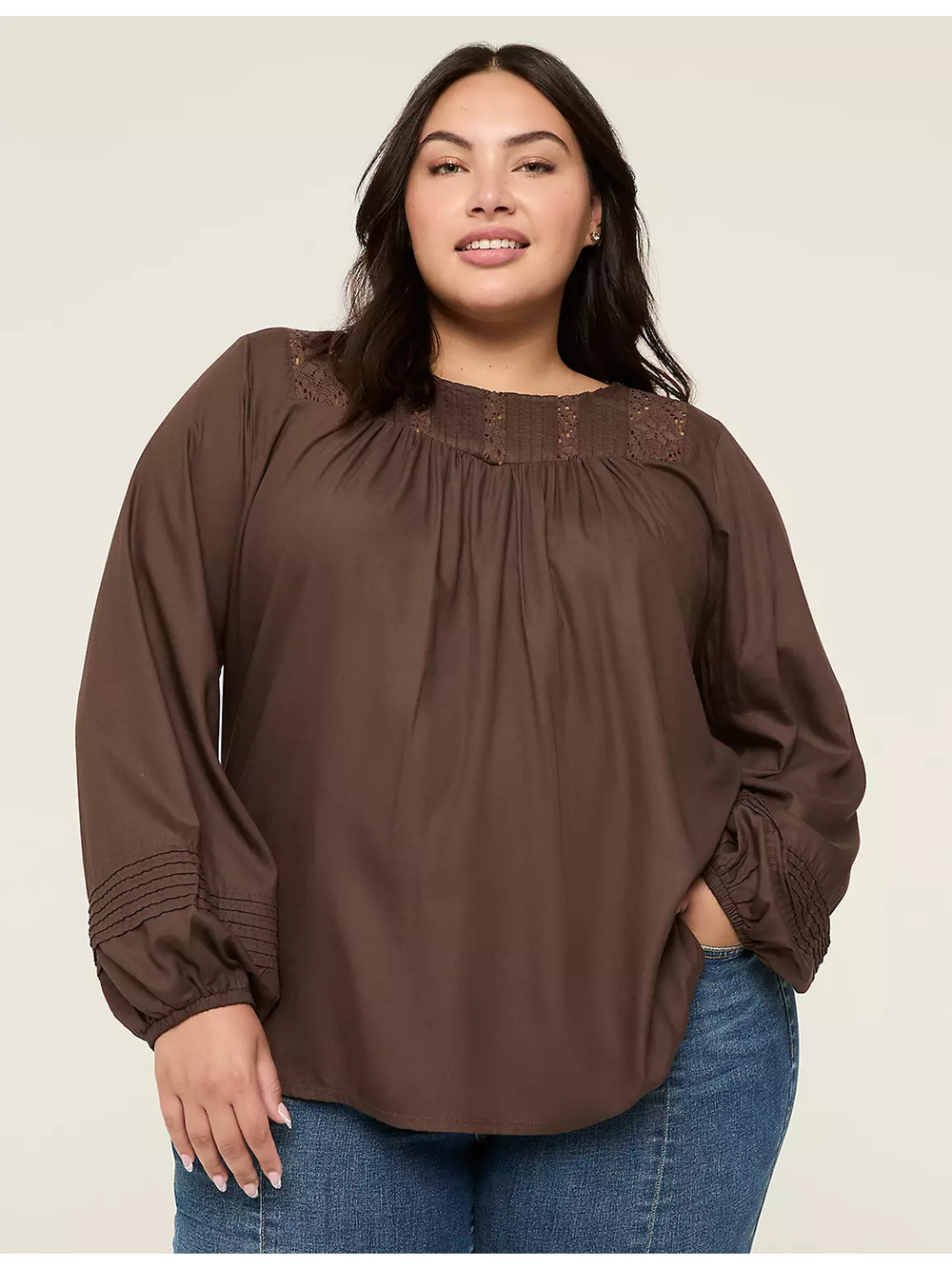 Lane Bryant Swing Pintuck Knit & Woven Top Brown Size 22/24 Boho Classic Cottage